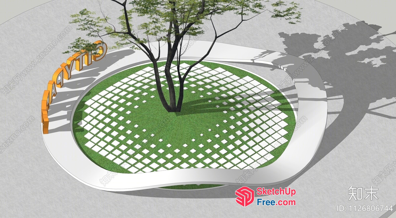 Outdoor Seating Area With Tree And Decorative Tiles 3D SketchUp File
