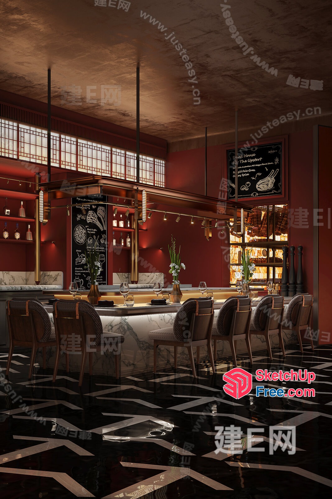 Modern Asian Restaurant Interior With Elegant Lighting And Decor 3D SketchUp File