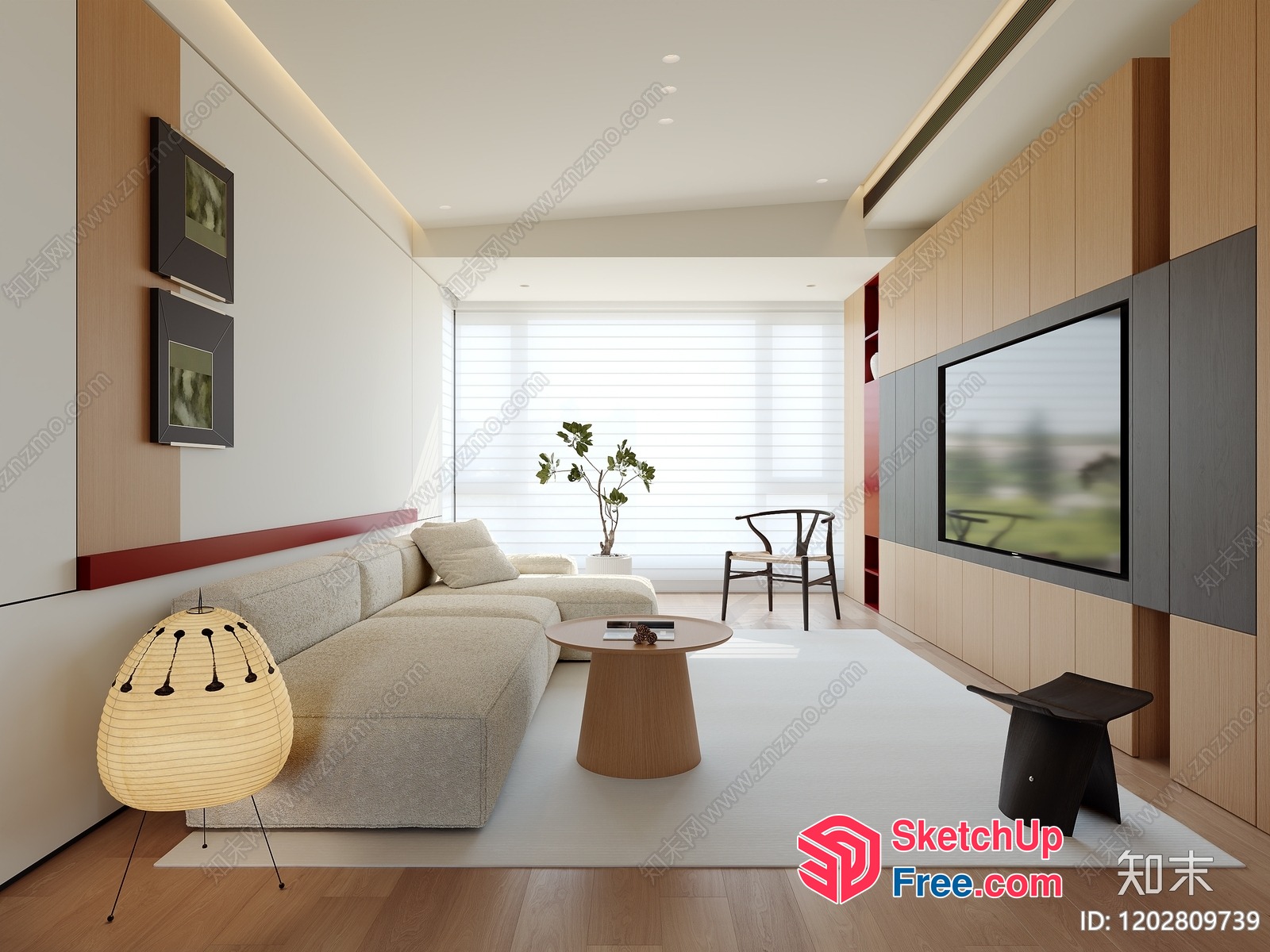 Minimalist Japanese Style Living Room With Natural Wood Accents 3D SketchUp File