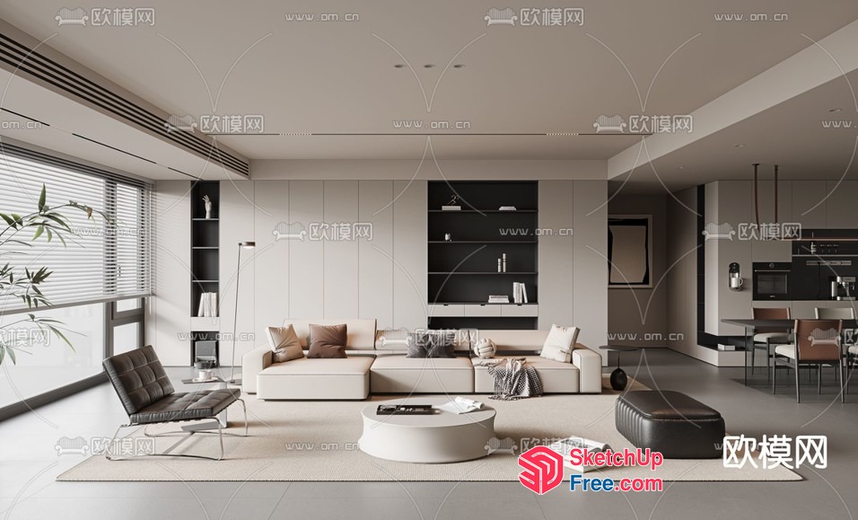 Modern Minimalist Living Room With White Sofa And Beige Rug 3D SketchUp File