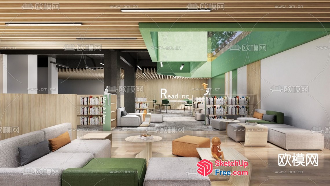 Modern Library Interior With Natural Wood And Green Accents 3D SketchUp File