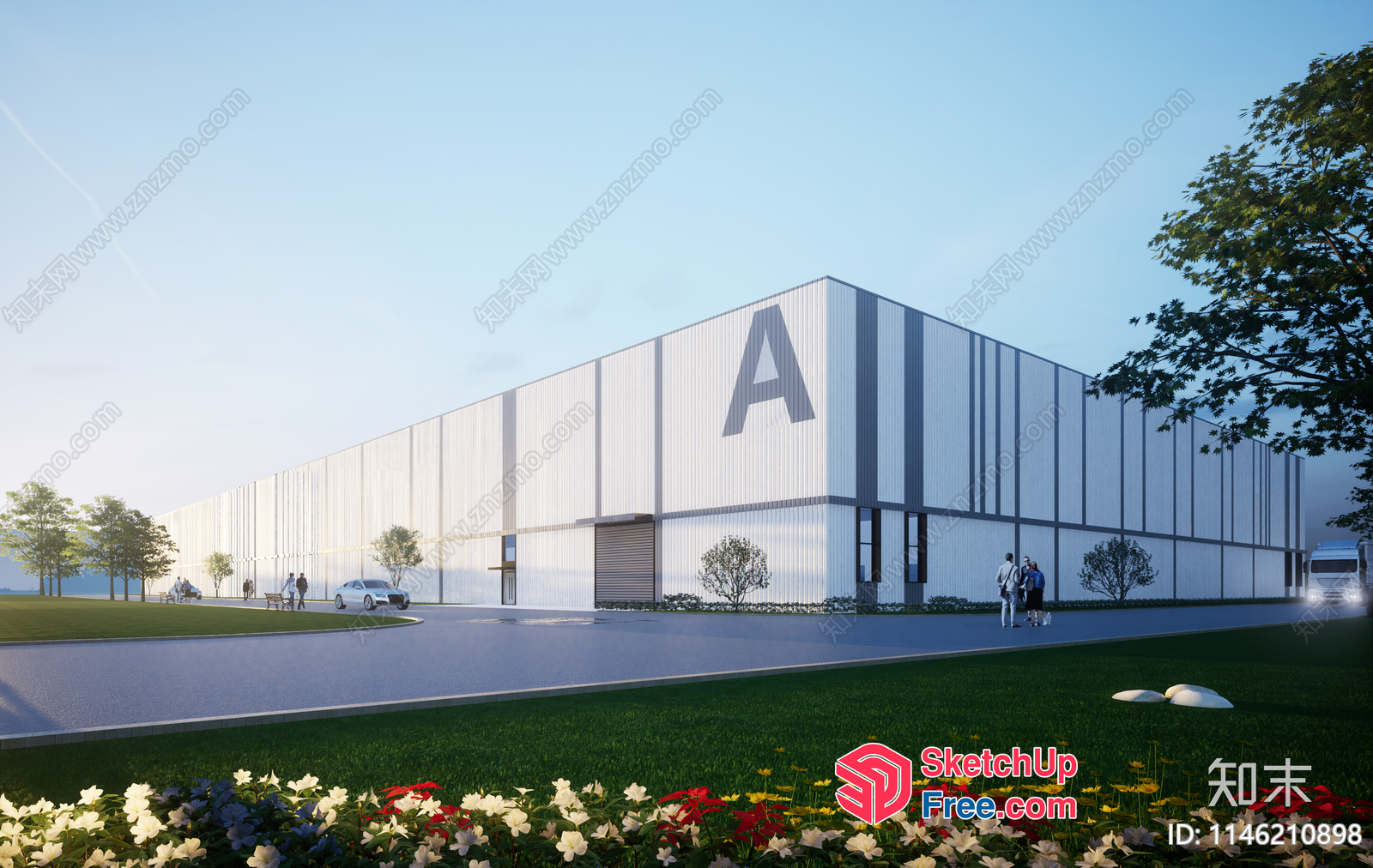 Exterior View Of A Large Industrial Building With A Parking Lot 3D SketchUp File
