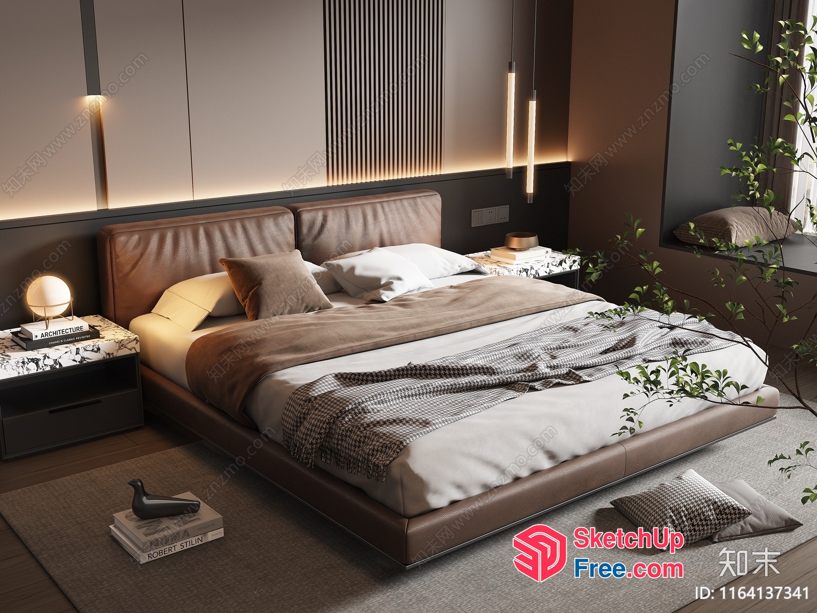 Modern Minimalist Bedroom With Leather Bed And Pillows 3D SketchUp File