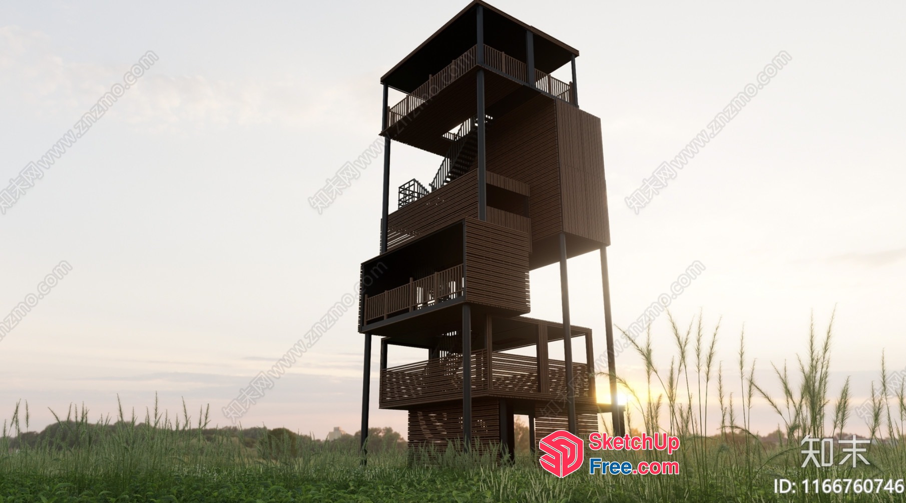 Tall Wooden Observation Tower With Multiple Balconies And Stairs 3D SketchUp File