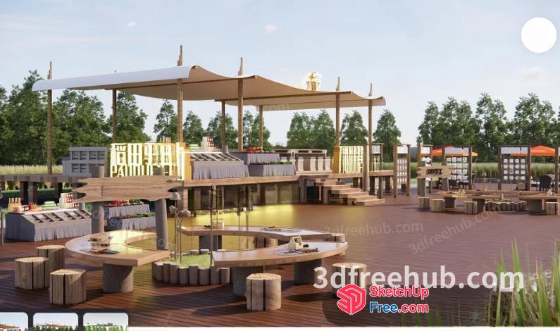 Outdoor Seating Area With Tables And Stools 3D SketchUp File