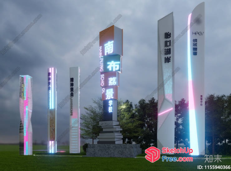 Modern Pillars With Led Lighting And Asian-Inspired Textures 3D SketchUp File