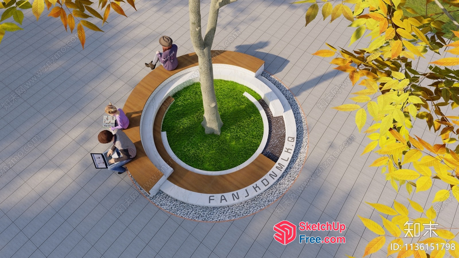 Circular Outdoor Seating Area With Tree And Decorative Elements 3D SketchUp File