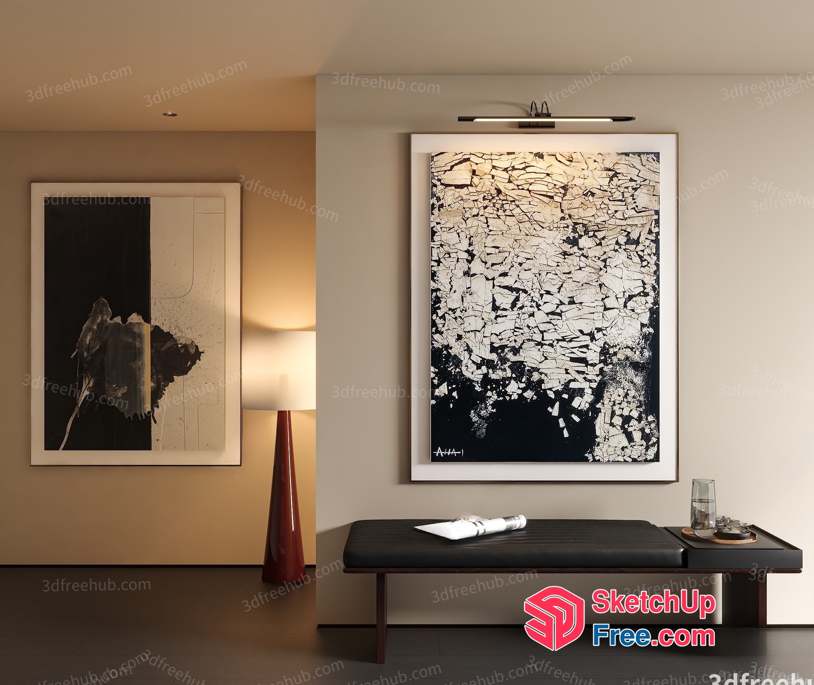 Modern Black And White Abstract Artwork And Minimalist Bench 3D SketchUp File