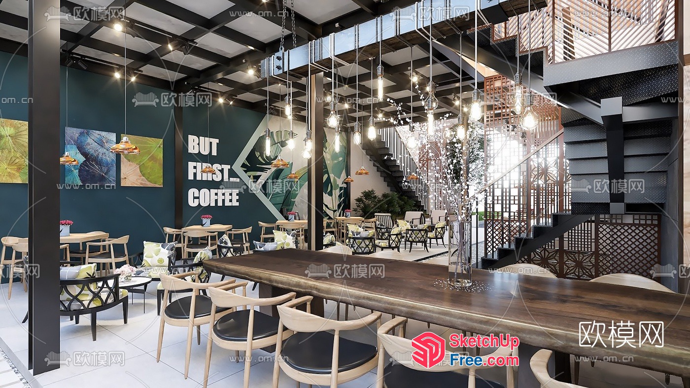 Modern Coffee Shop Interior With Stairway And Pillars 3D SketchUp File