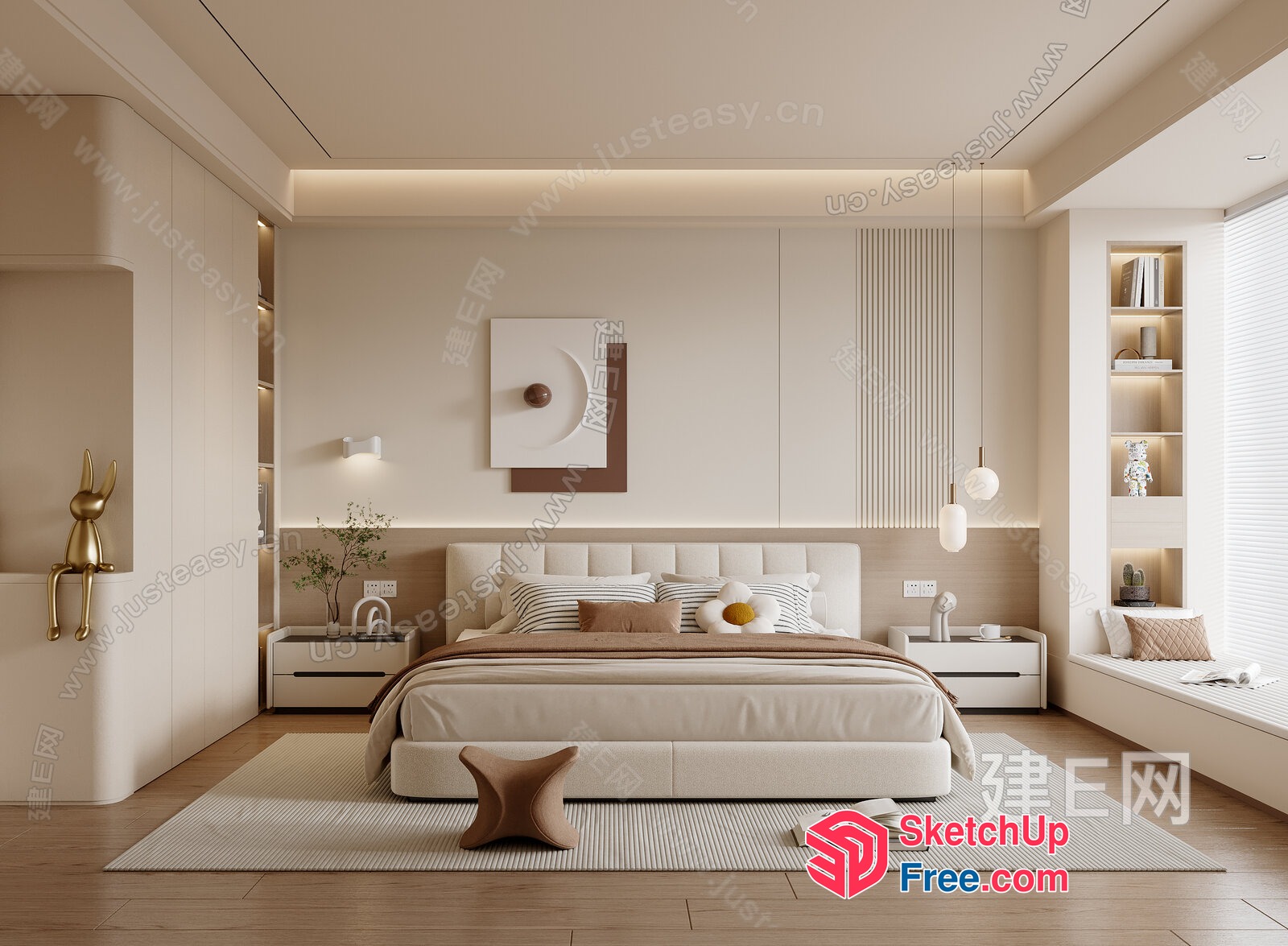 Modern Minimalist Creamy Style Bedroom Interior 3D SketchUp File