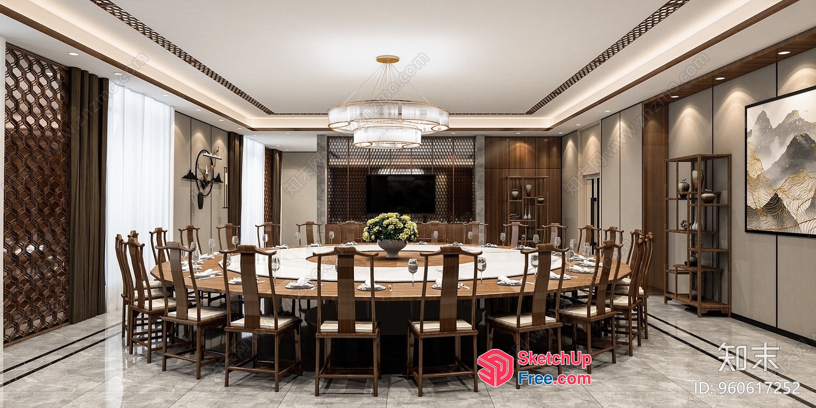 Elegant Dining Room With Large Round Table And Chandelier 3D SketchUp File