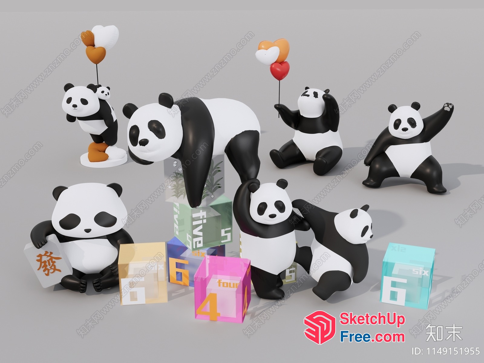 Cute Cartoon Panda Characters And Decorative Blocks 3D SketchUp File
