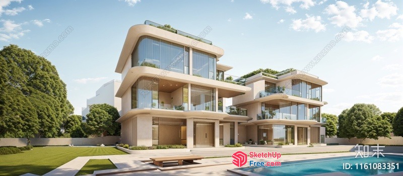 Modern Villa With Elegant Glass Curtain Wall And Swimming Pool 3D SketchUp File