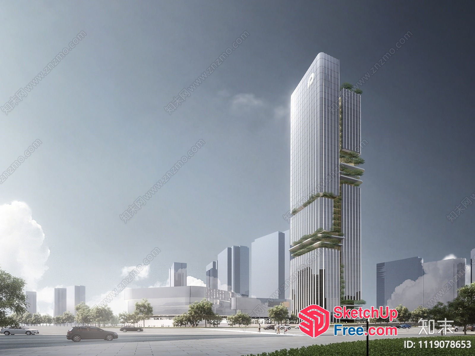 Modern Tall Building With Glass Facade And Greenery 3D SketchUp File
