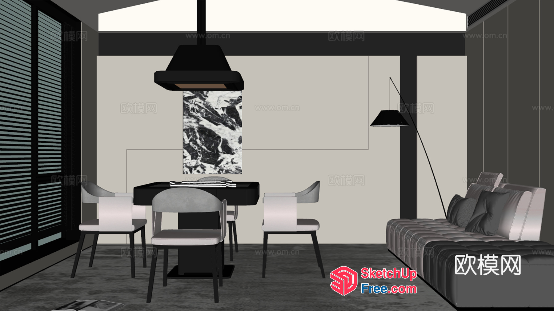 Monochromatic Modern Interior With Dining And Living Areas 3D SketchUp File