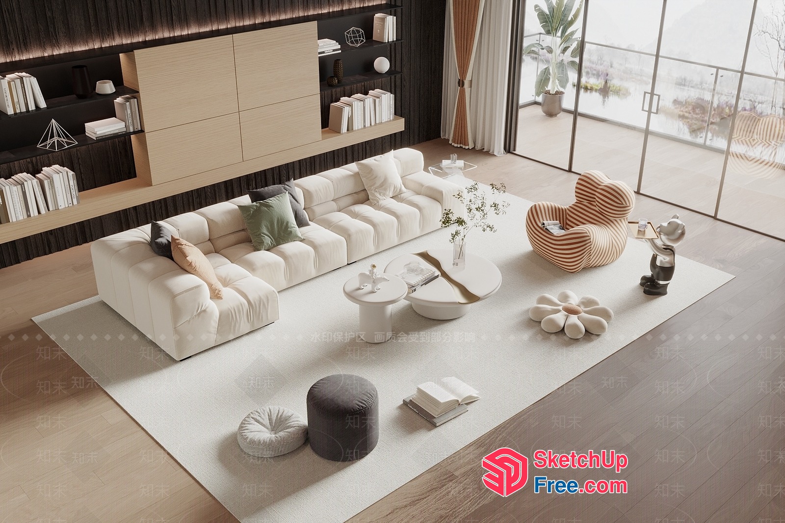 Elegant Modern Living Room With White Furniture And Natural Wood 3D SketchUp File
