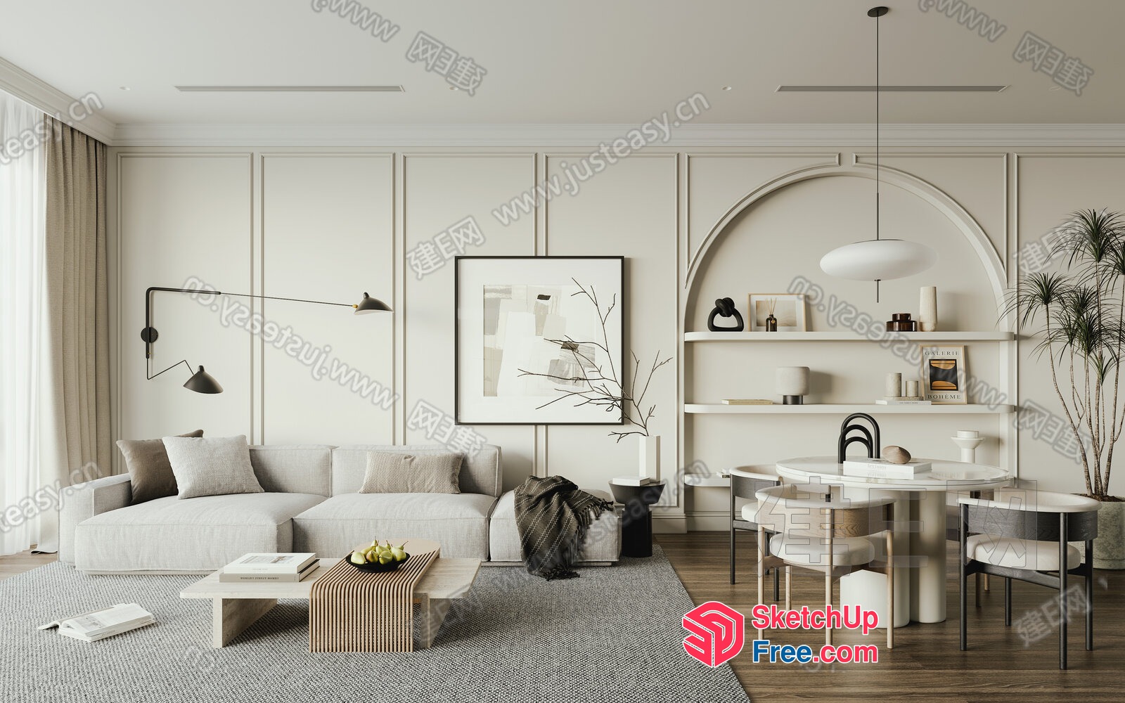 Elegant Minimalist Living Room With Creamy Style Decor 3D SketchUp File