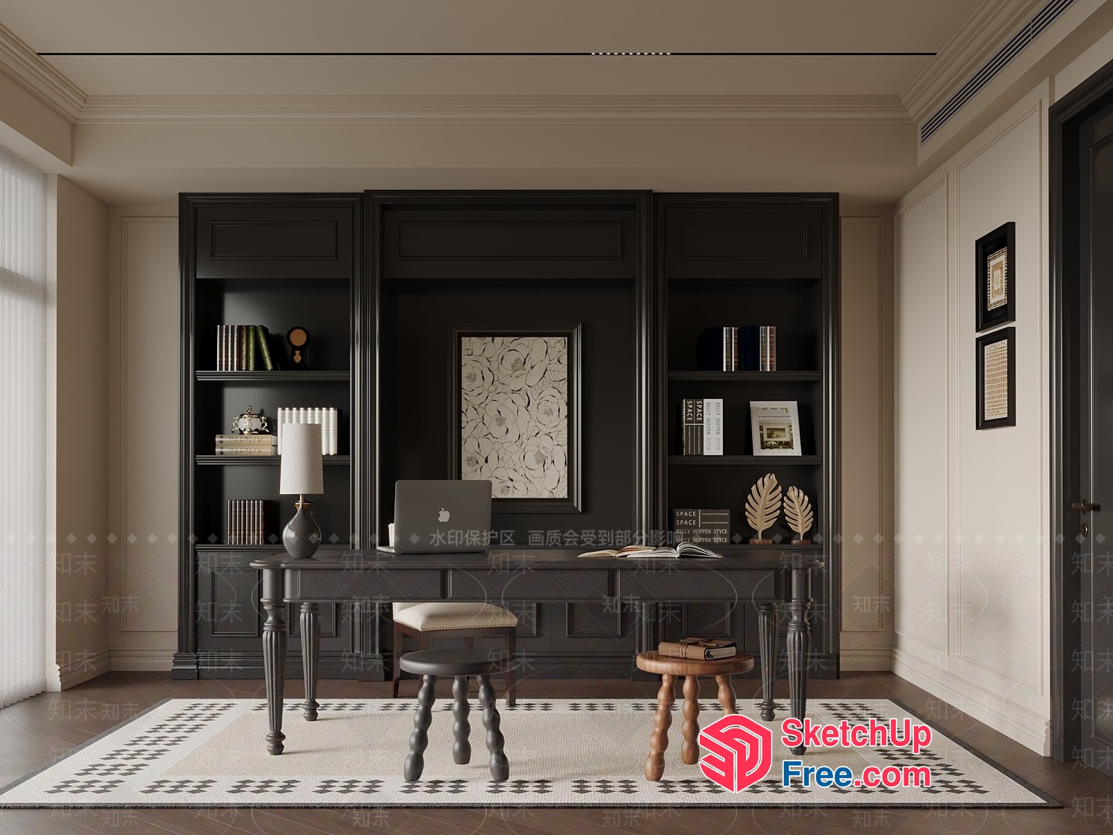 Elegant Office Space With Classic Moulding And Dark Wood Accents 3D SketchUp File