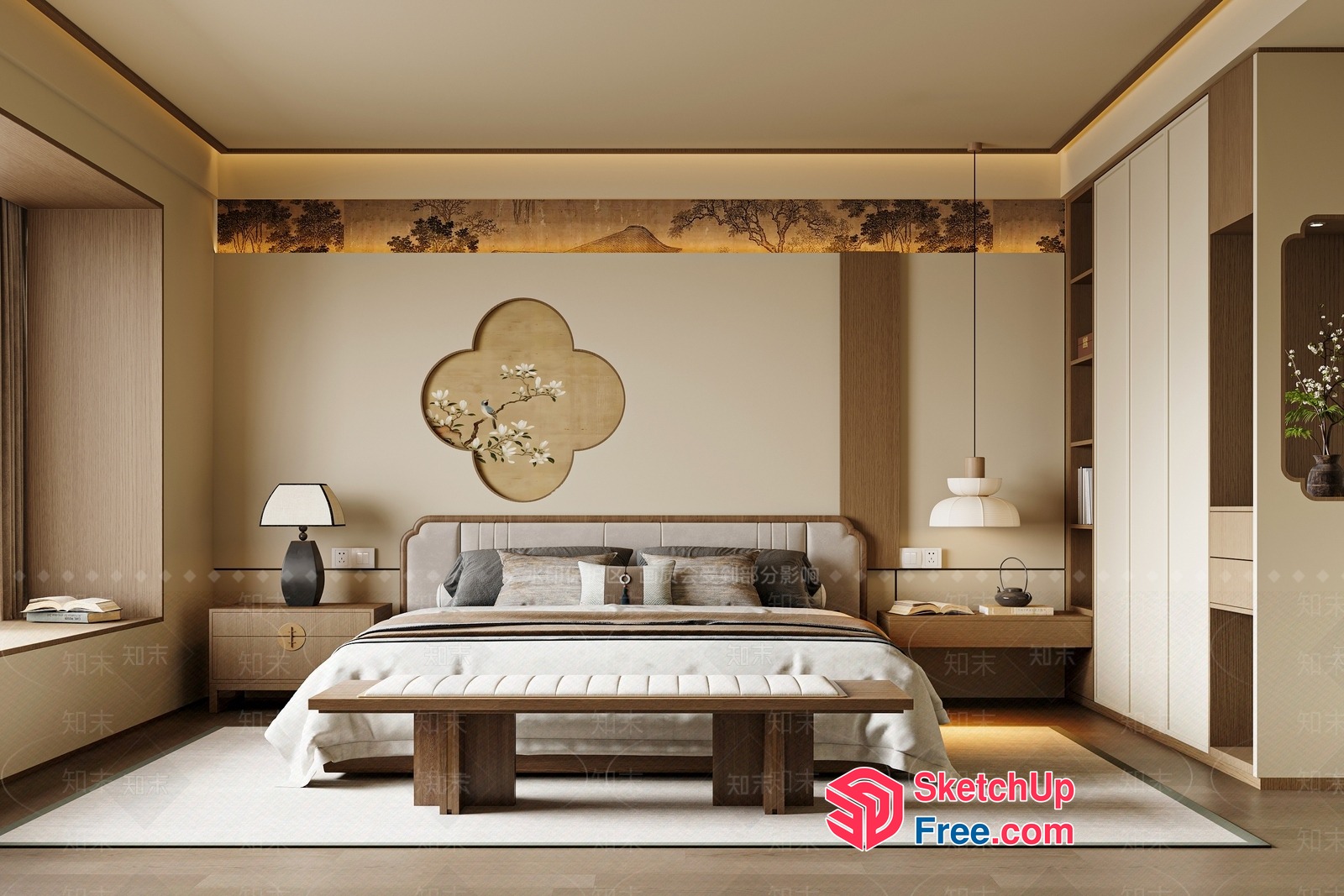 Elegant Japanese-Style Bedroom Interior Design 3D SketchUp File