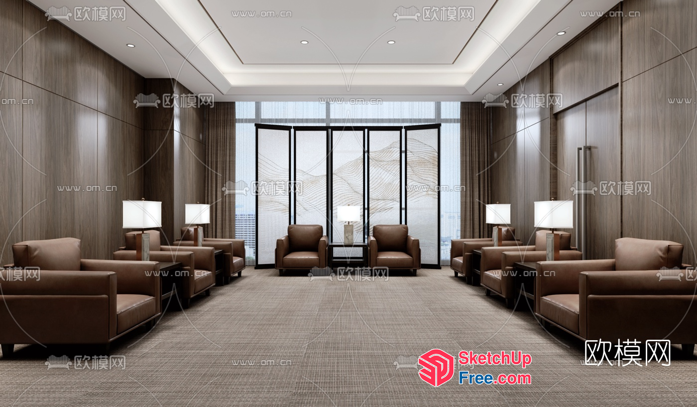 Elegant Modern Living Room With Brown Leather Chairs And Glass Curtain Wall 3D SketchUp File