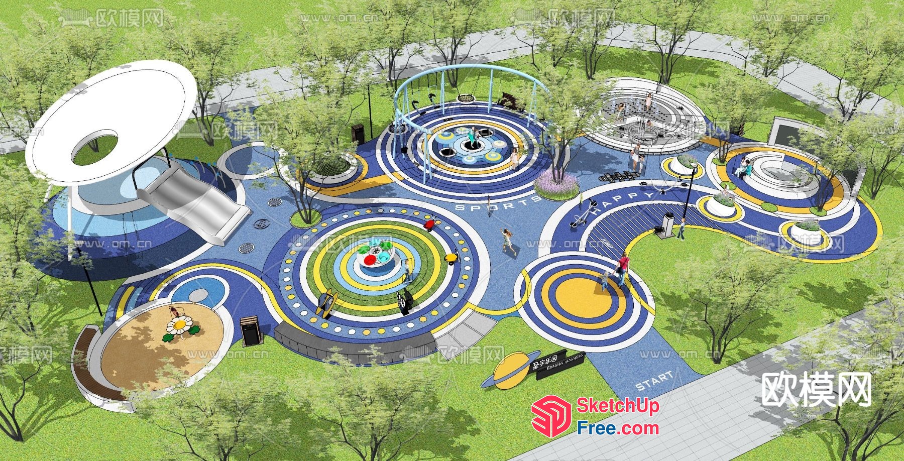 Colorful Playground Design With Unique Play Structures And Artistic Elements 3D SketchUp File