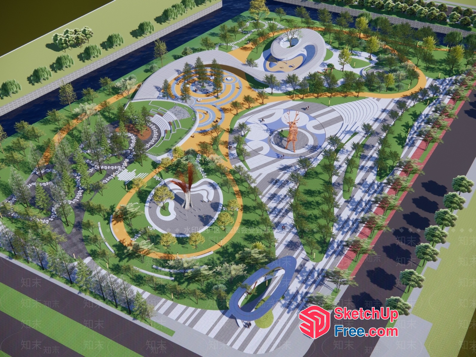 Modern Park Landscape With Unique Sculptures And Water Features 3D SketchUp File