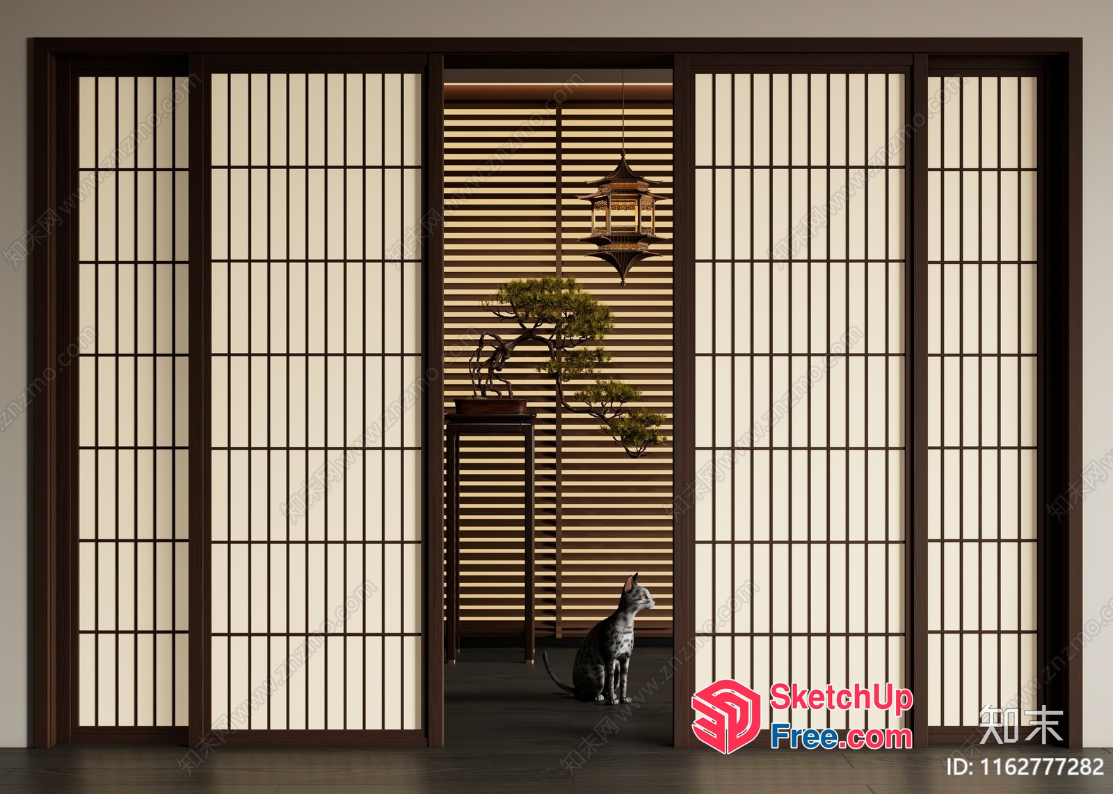 Japanese Style Room With Sliding Shoji Screens And Cat 3D SketchUp File