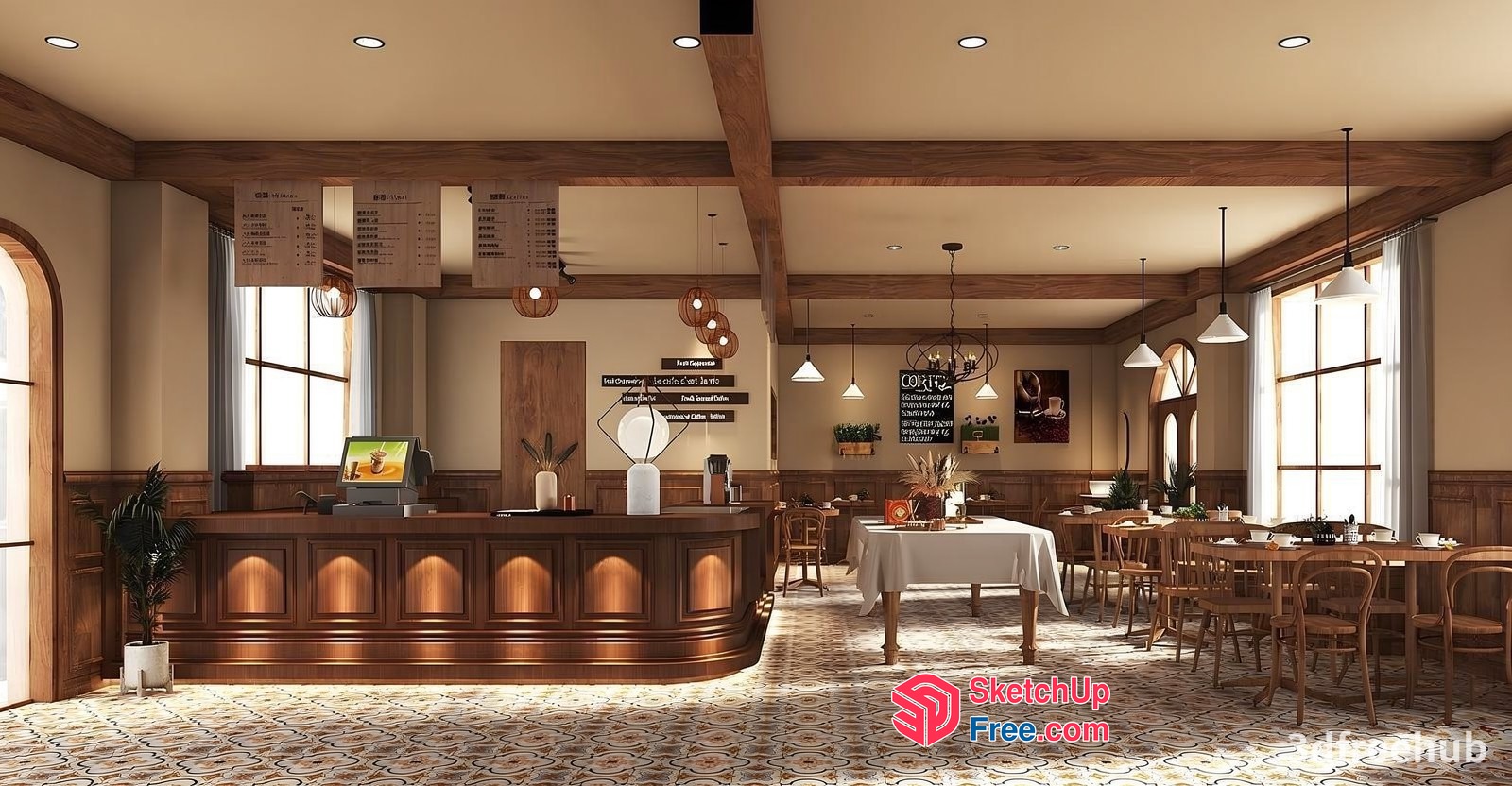 Classic Restaurant Interior With Elegant Wood Accents 3D SketchUp File