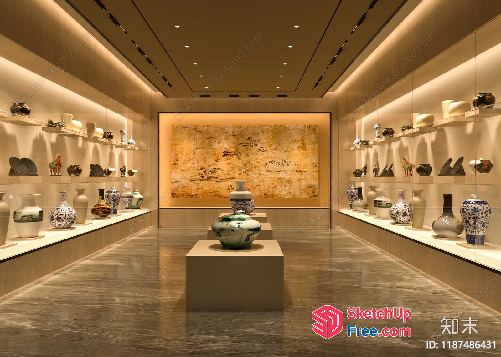 Art Gallery With Vases And Paintings 3D SketchUp File