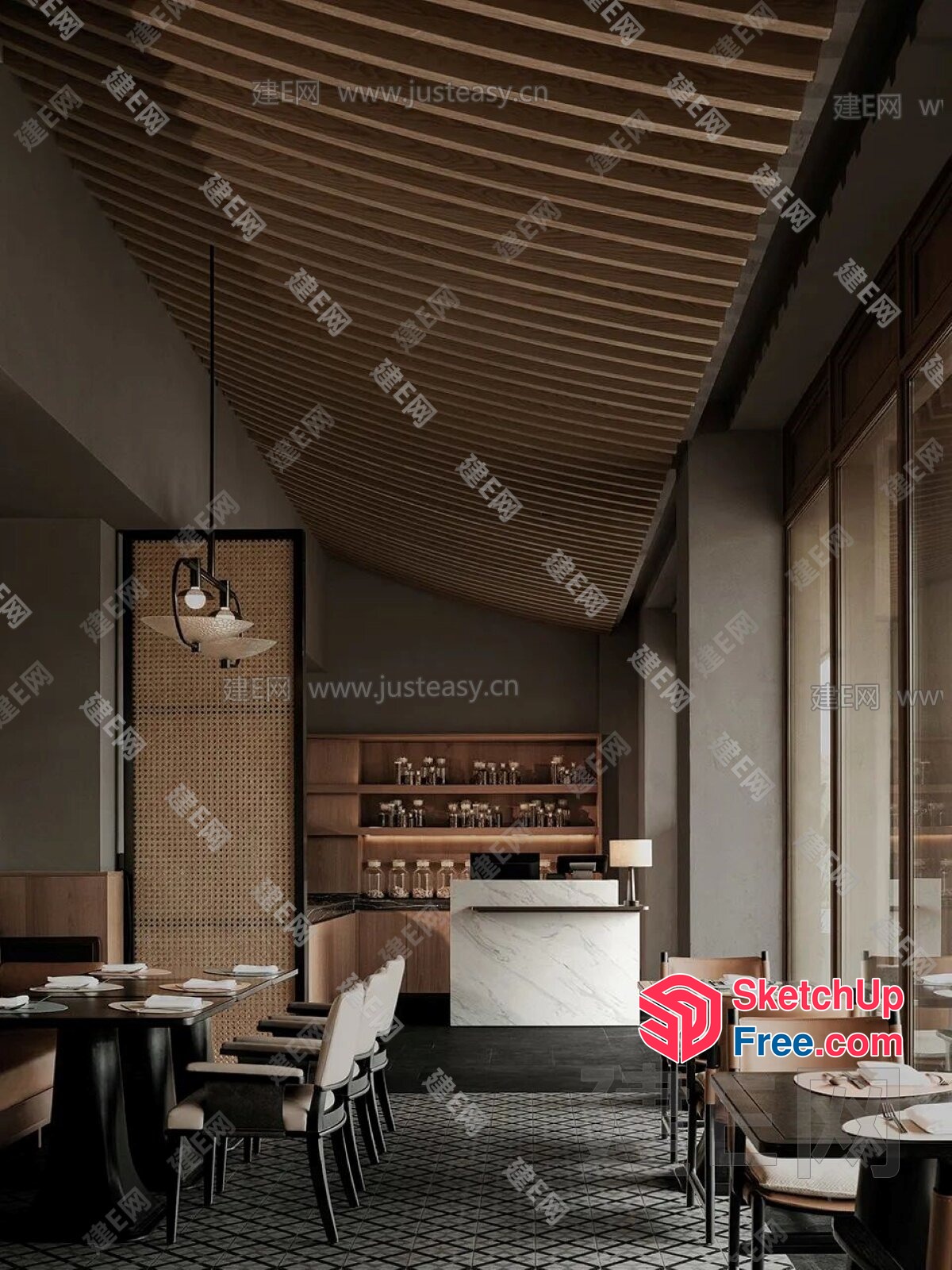 Modern Restaurant Interior With Sleek Marble Countertop And Wooden Ceiling 3D SketchUp File