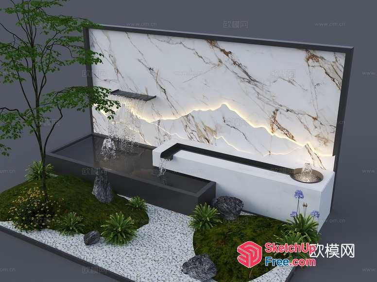 Modern Japanese-Inspired Water Feature With Elegant Marble Backdrop 3D SketchUp File