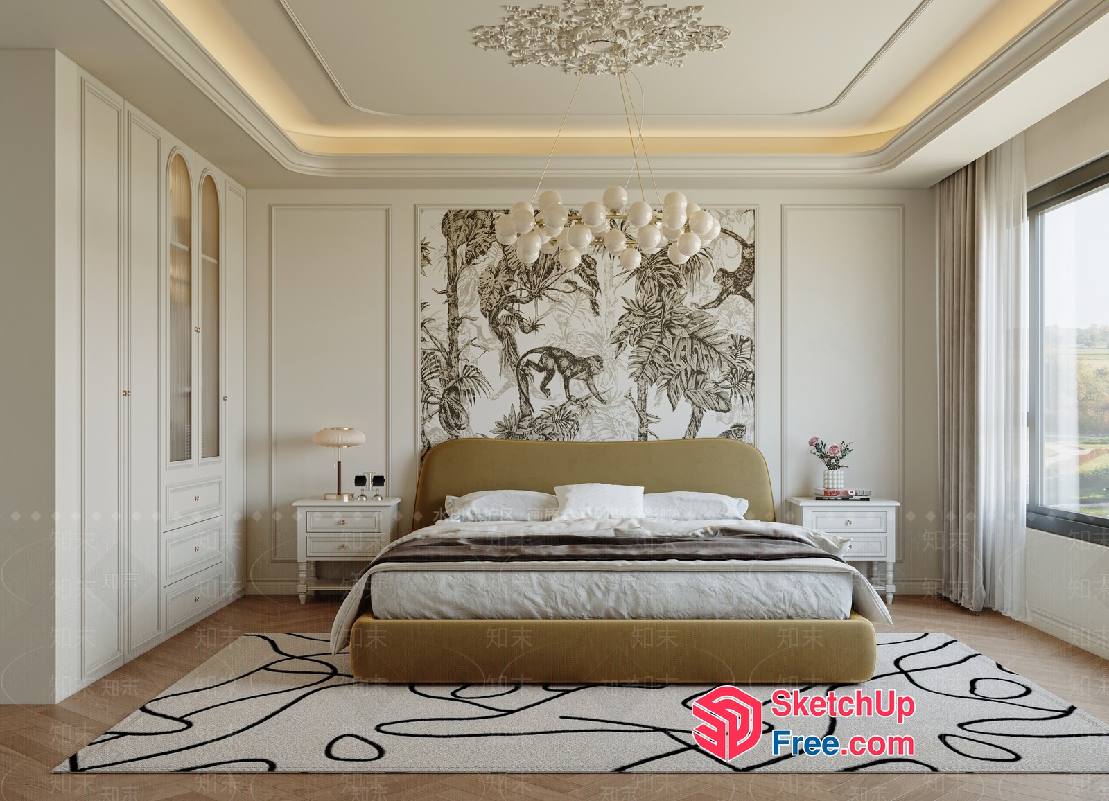 Elegant Bedroom Interior With Creamy Style And Pillars 3D SketchUp File