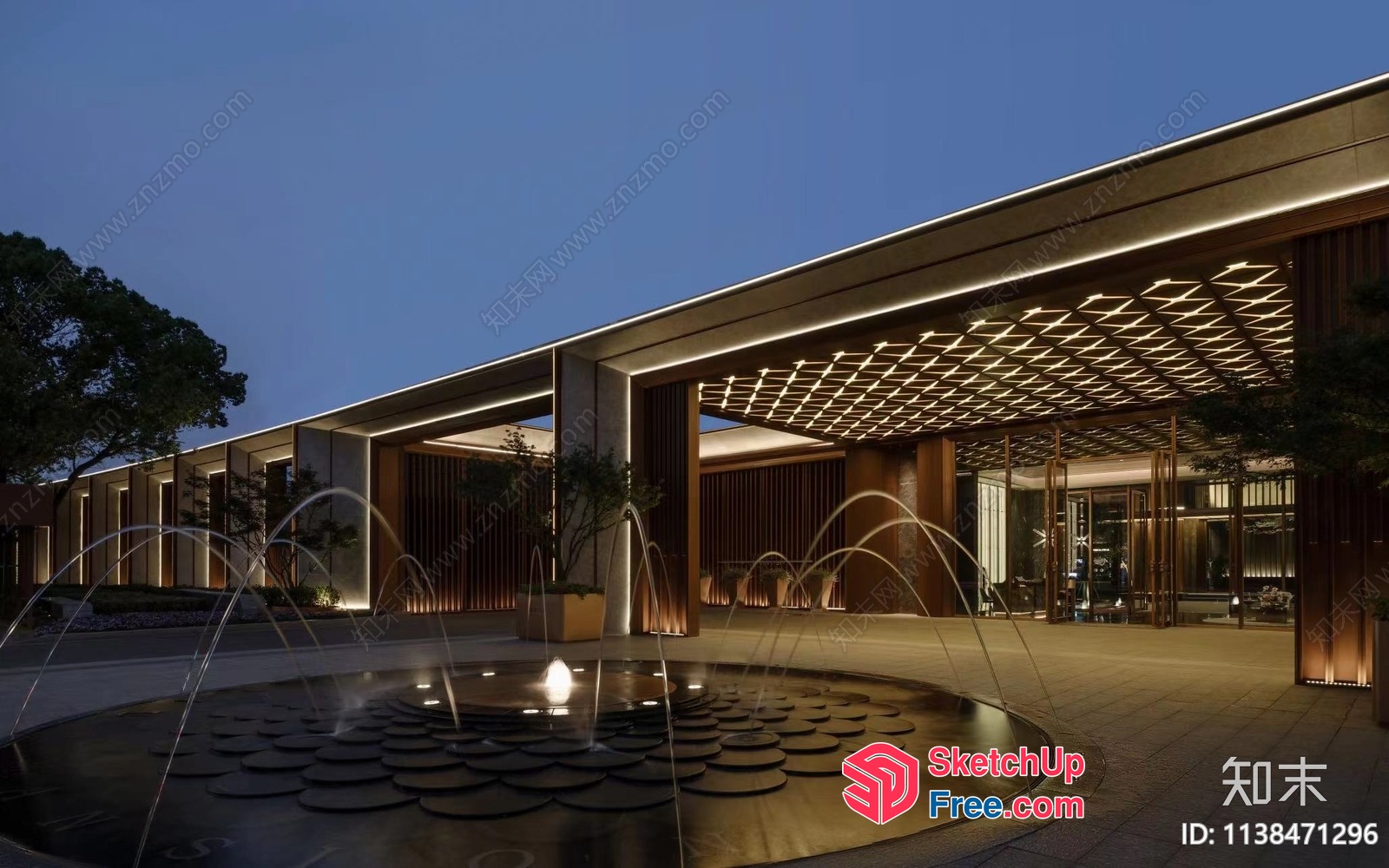 Exterior Of Modern Building With Water Feature 3D SketchUp File