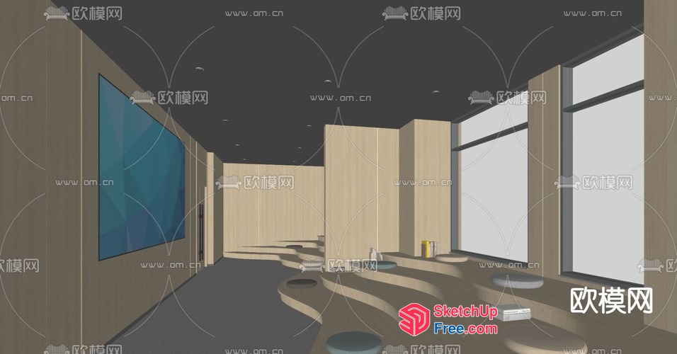 Modern Office Interior With Wooden Decor And Large Windows 3D SketchUp File