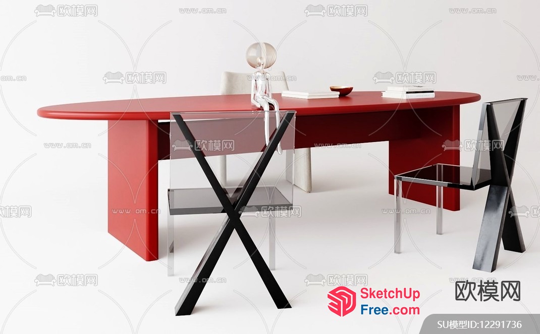 Modern Minimalist Red Desk With Black And Clear Chairs 3D SketchUp File