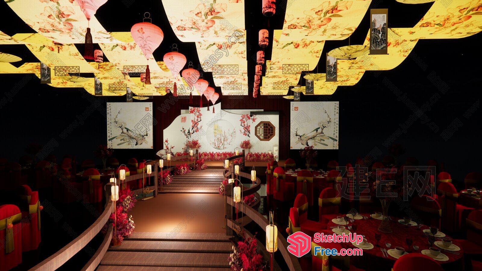 Elegant Asian-Inspired Dining Hall 3D SketchUp File