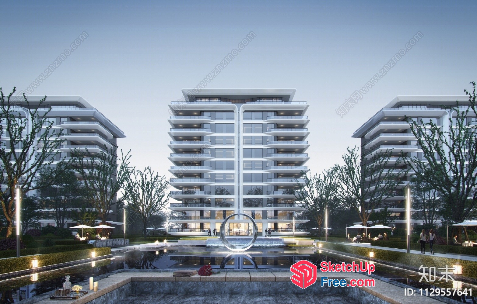 Modern Apartment Building With Large Courtyard And Water Feature 3D SketchUp File