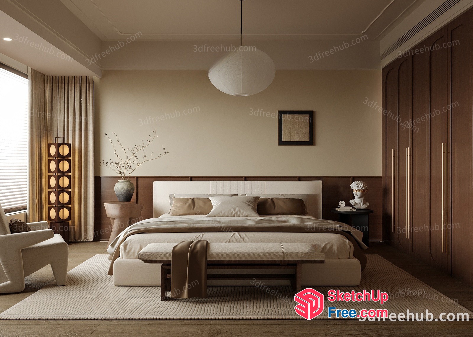 Modern Beige Bedroom With Creamy Style And Pillar 3D SketchUp File