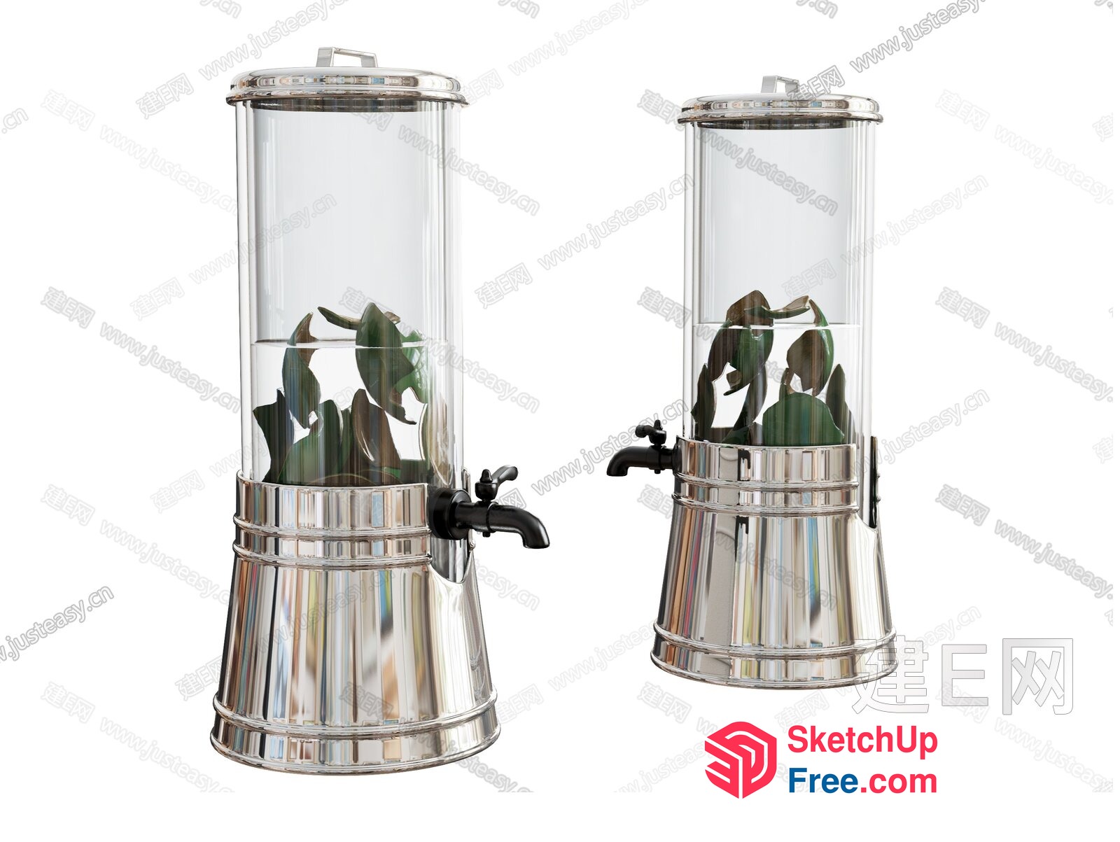 Two Tall Glass And Metal Water Dispensers With Black Faucets 3D SketchUp File
