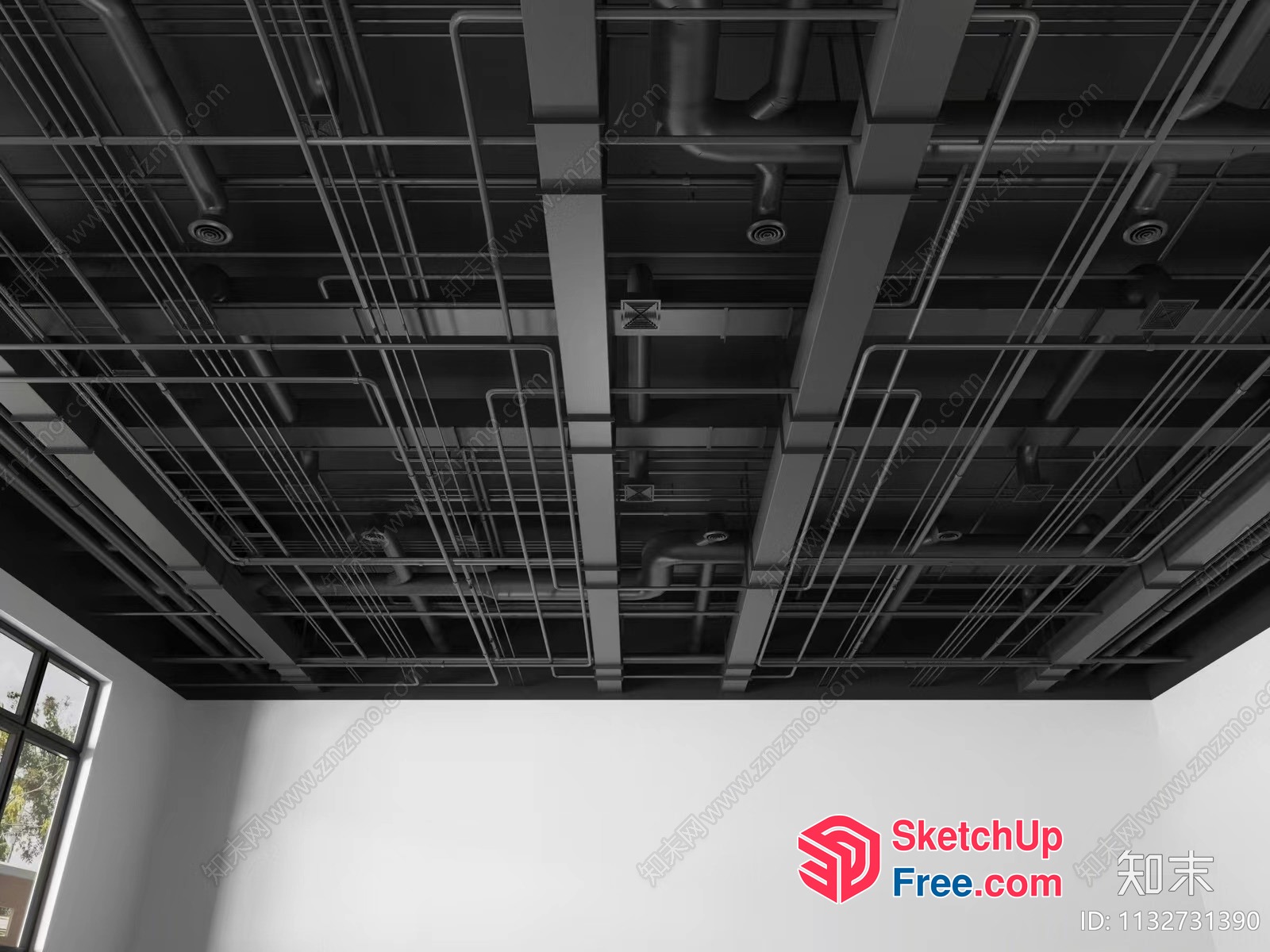 Industrial-Style Ceiling With Metal Pipes And Beams 3D SketchUp File