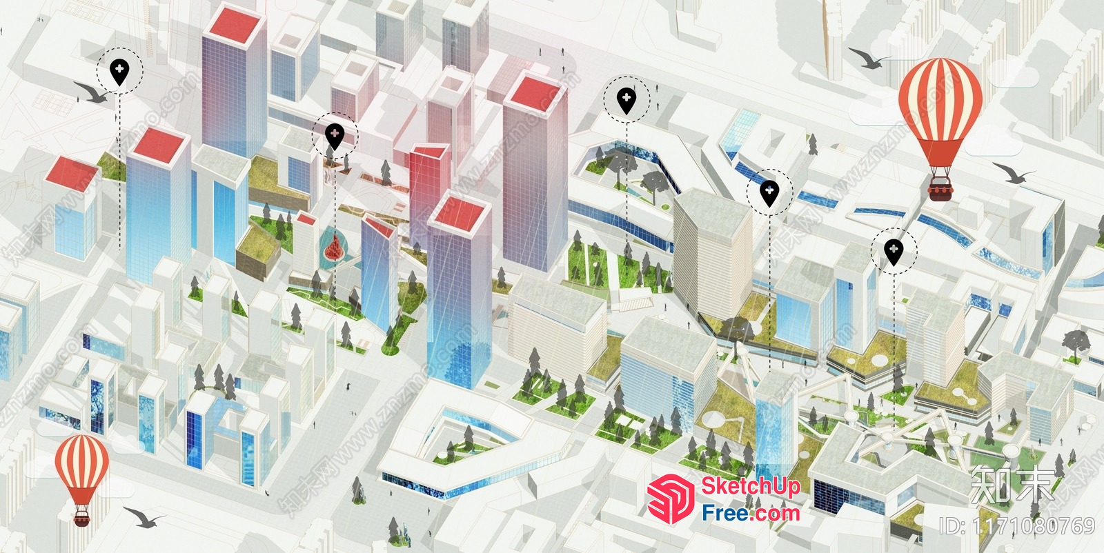 Futuristic Cityscape With Modern Architecture And Hot Air Balloons 3D SketchUp File
