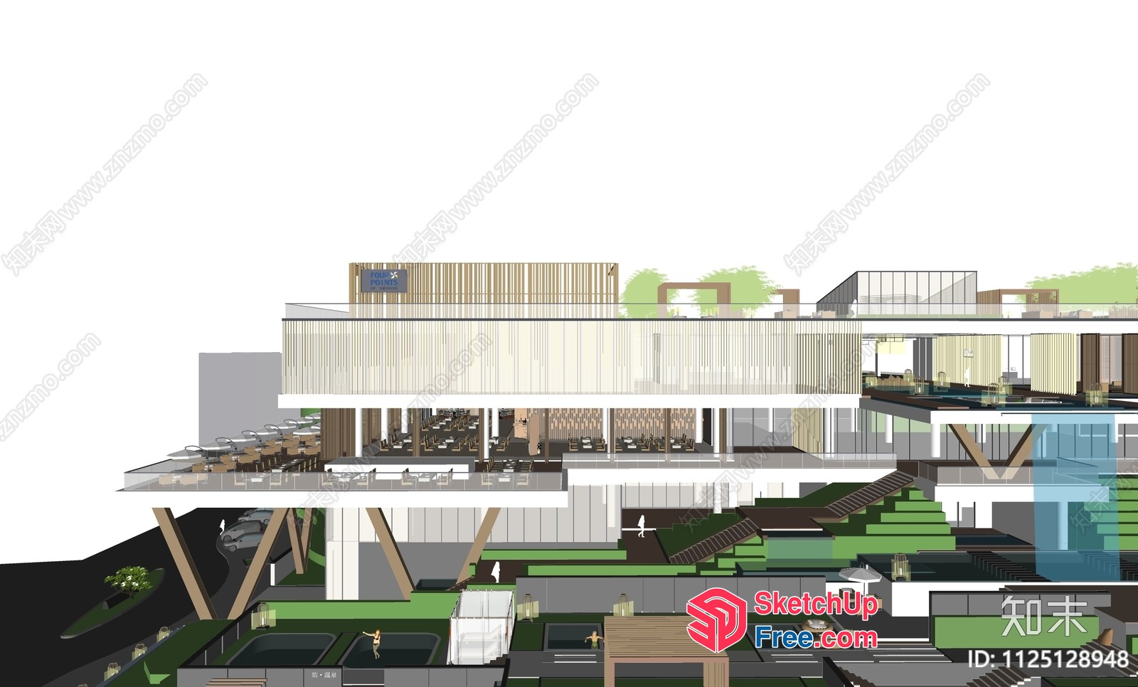 Modern Commercial Building With Glass Curtain Wall And Railing 3D SketchUp File