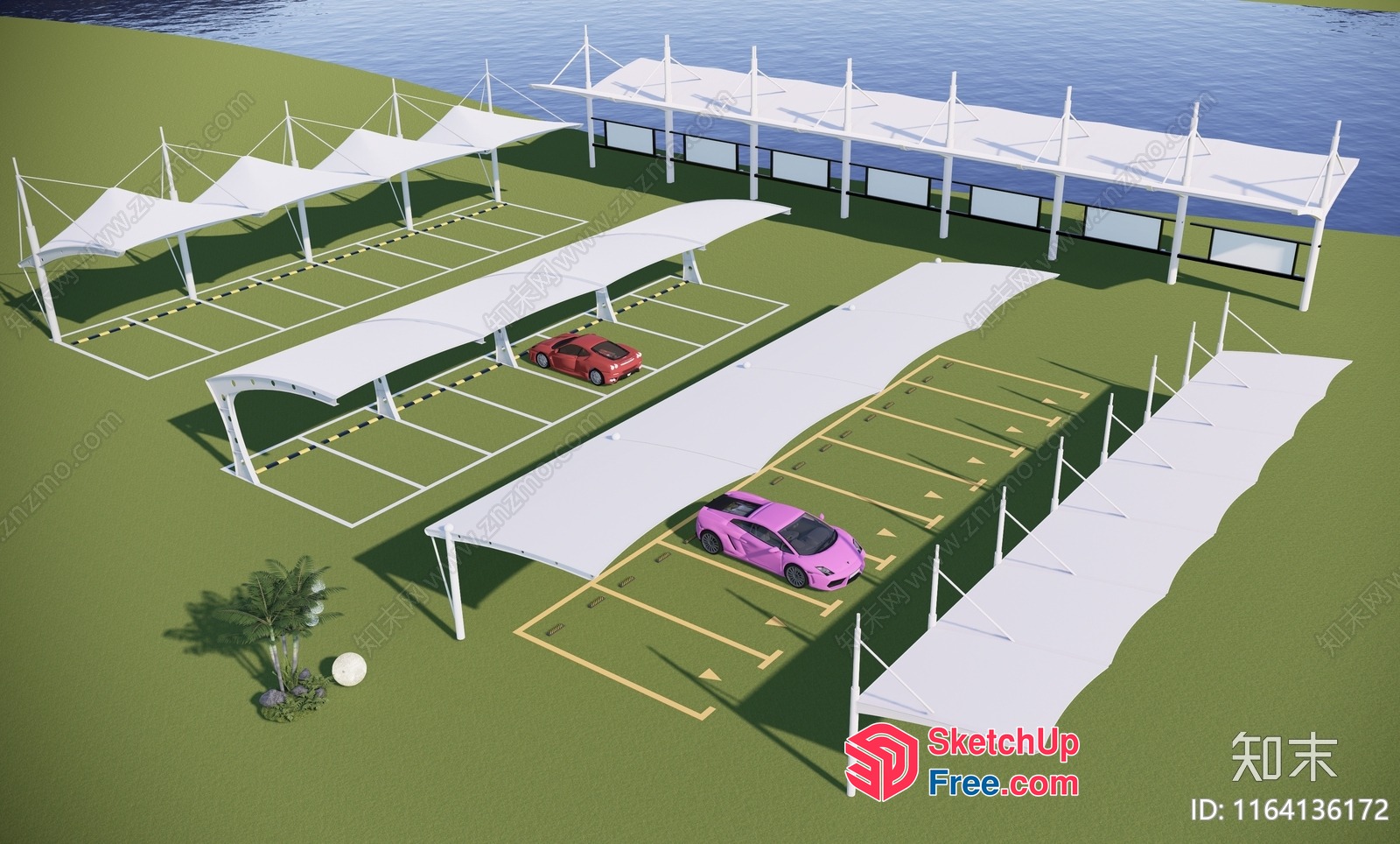 Car Park With Canopy And Water View 3D SketchUp File