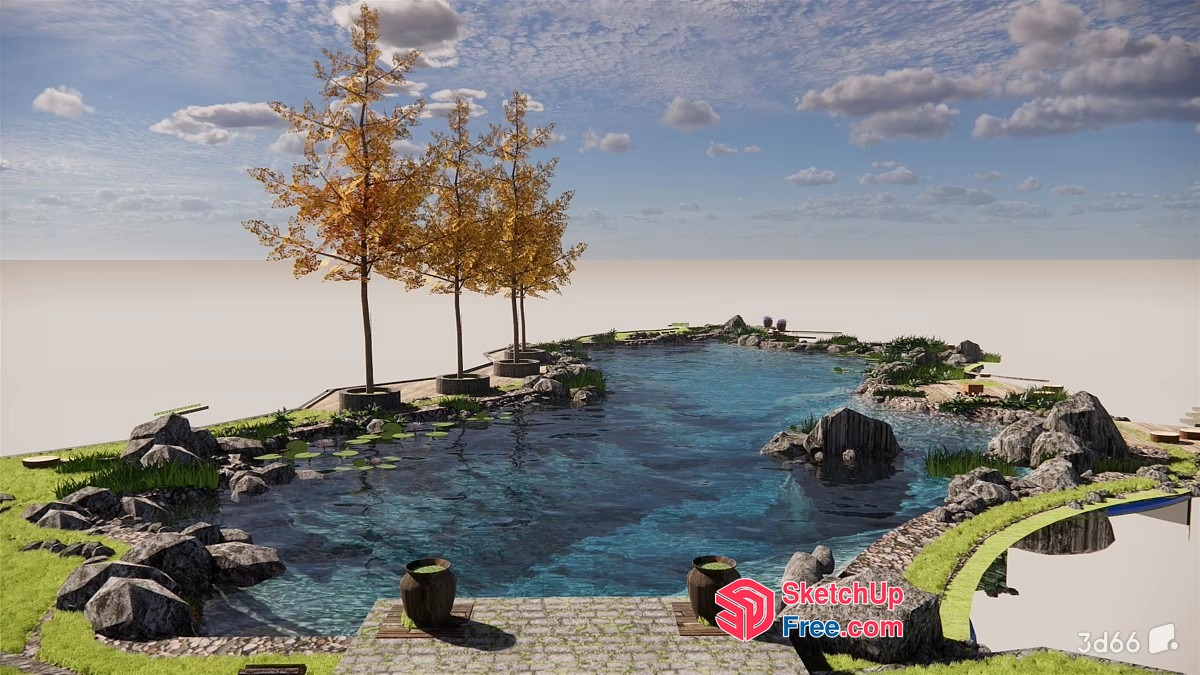 Serene Japanese-Inspired Water Garden 3D SketchUp File