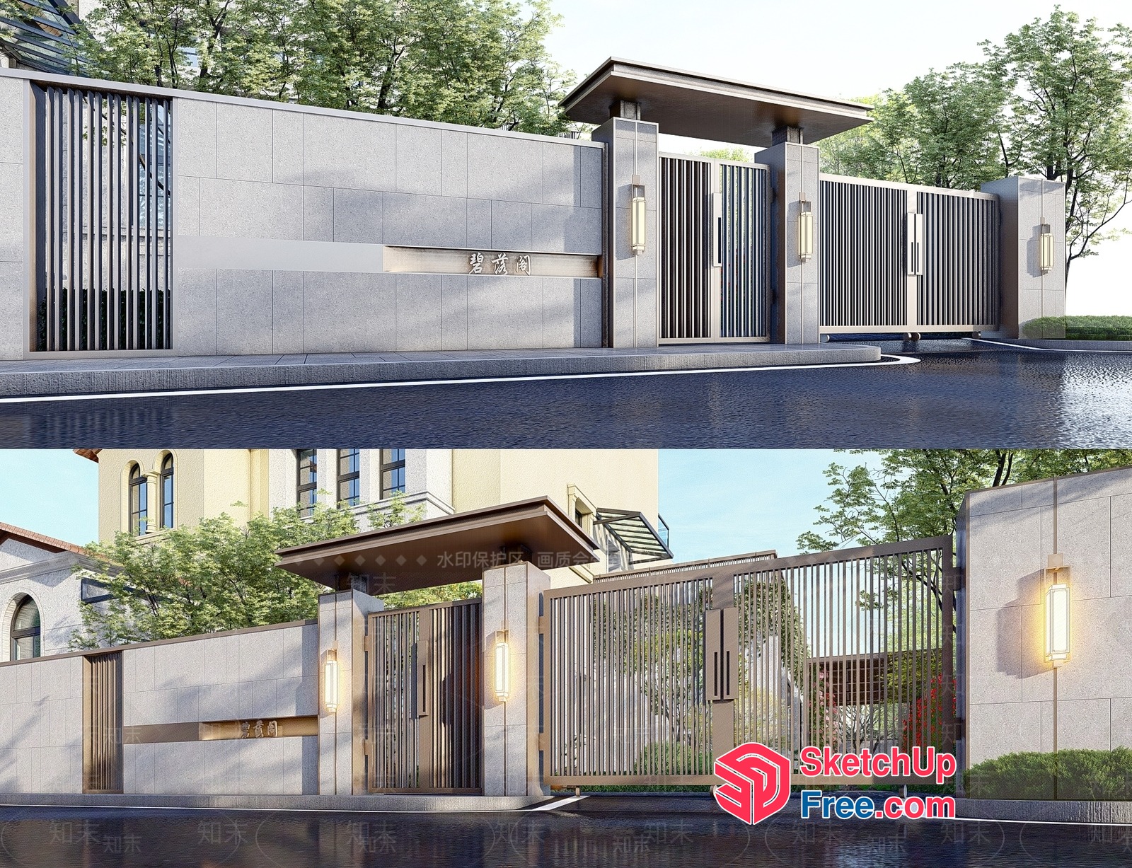Modern Gate Entrance With Pillars And Lanterns 3D SketchUp File