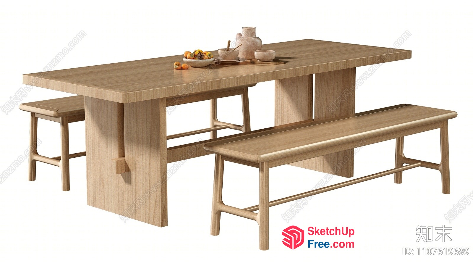 Modern Wooden Table And Bench Set 3D SketchUp File