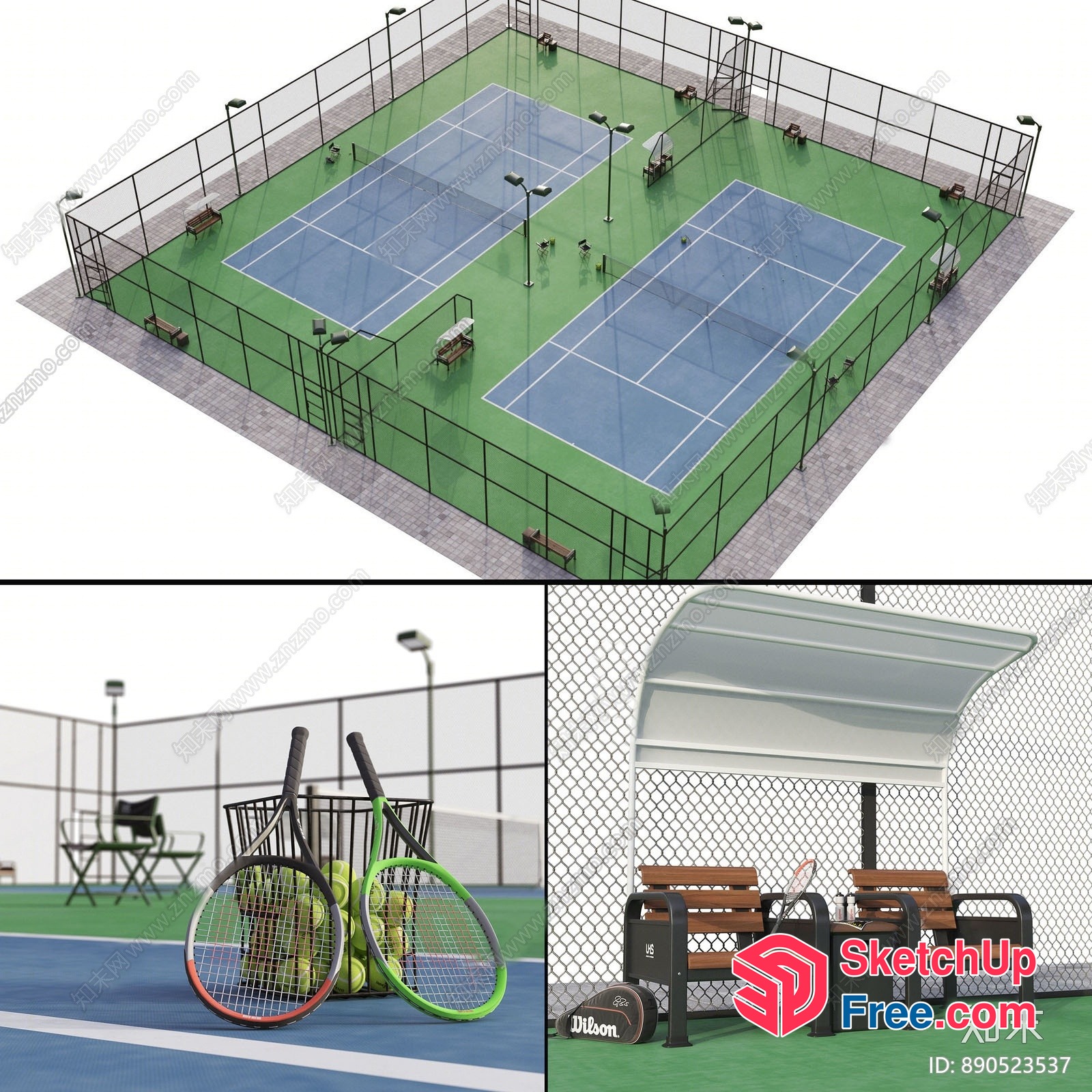 Tennis Court And Equipment Set 3D SketchUp File