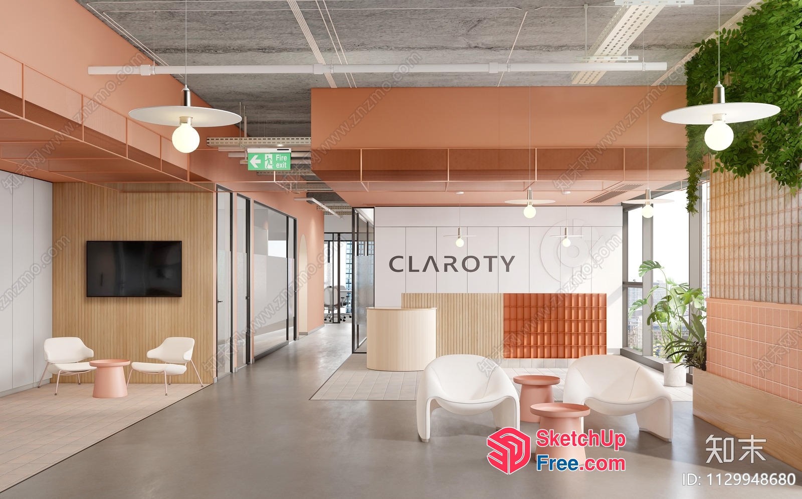 Modern Office Lobby With White And Orange Furniture 3D SketchUp File