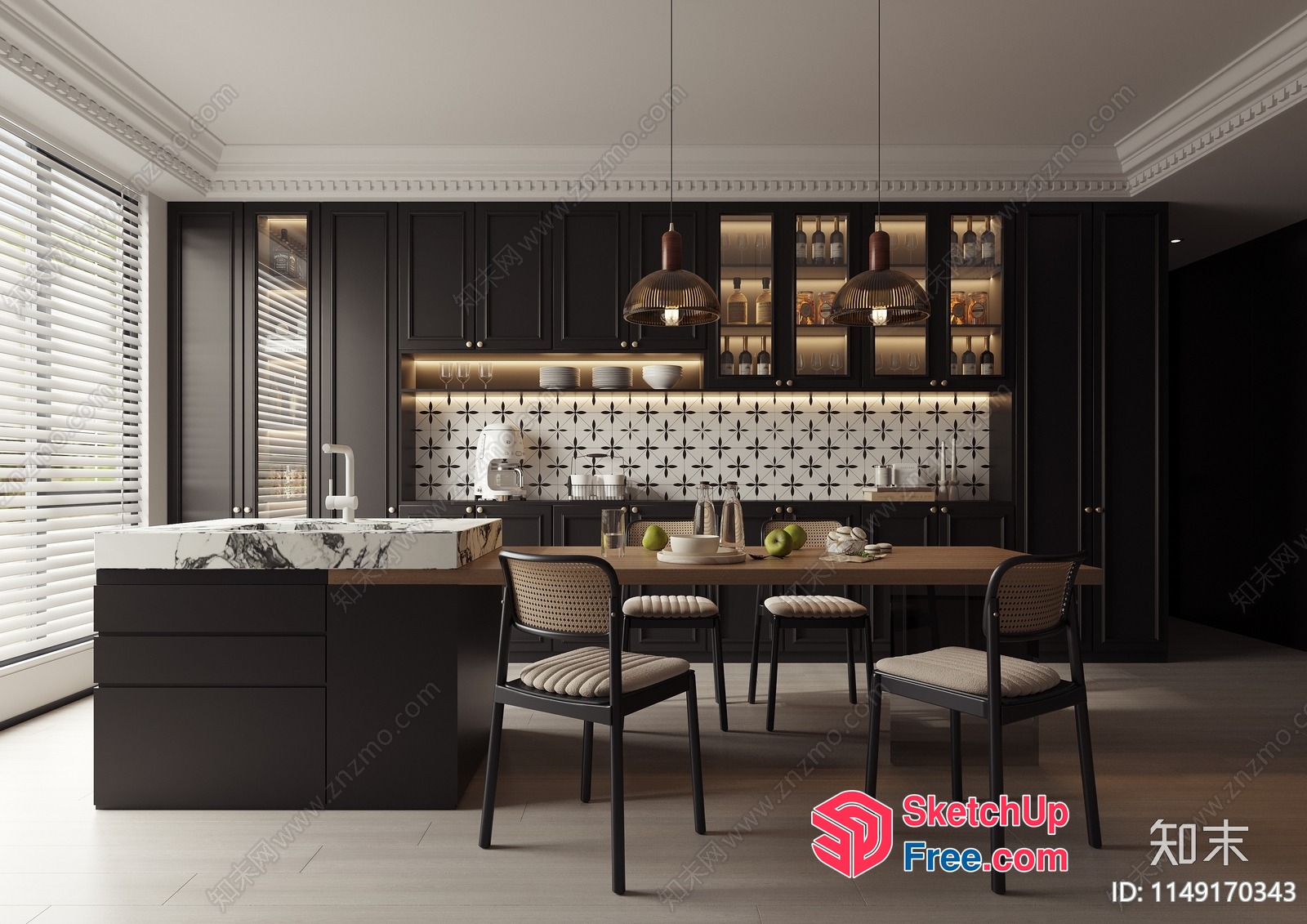 Modern Kitchen With Marble Countertop And Black Cabinets 3D SketchUp File