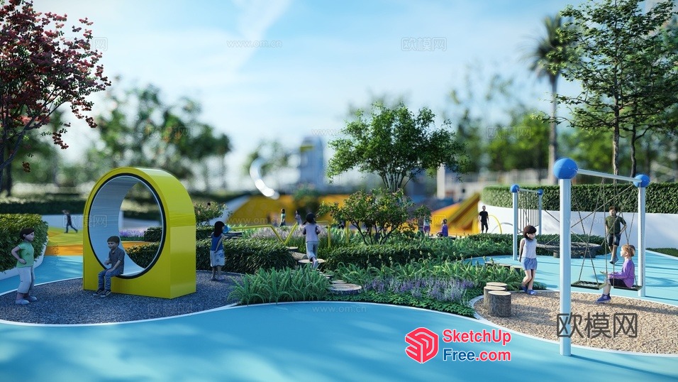 Colorful Children'S Playground With Modern Equipment And Greenery 3D SketchUp File